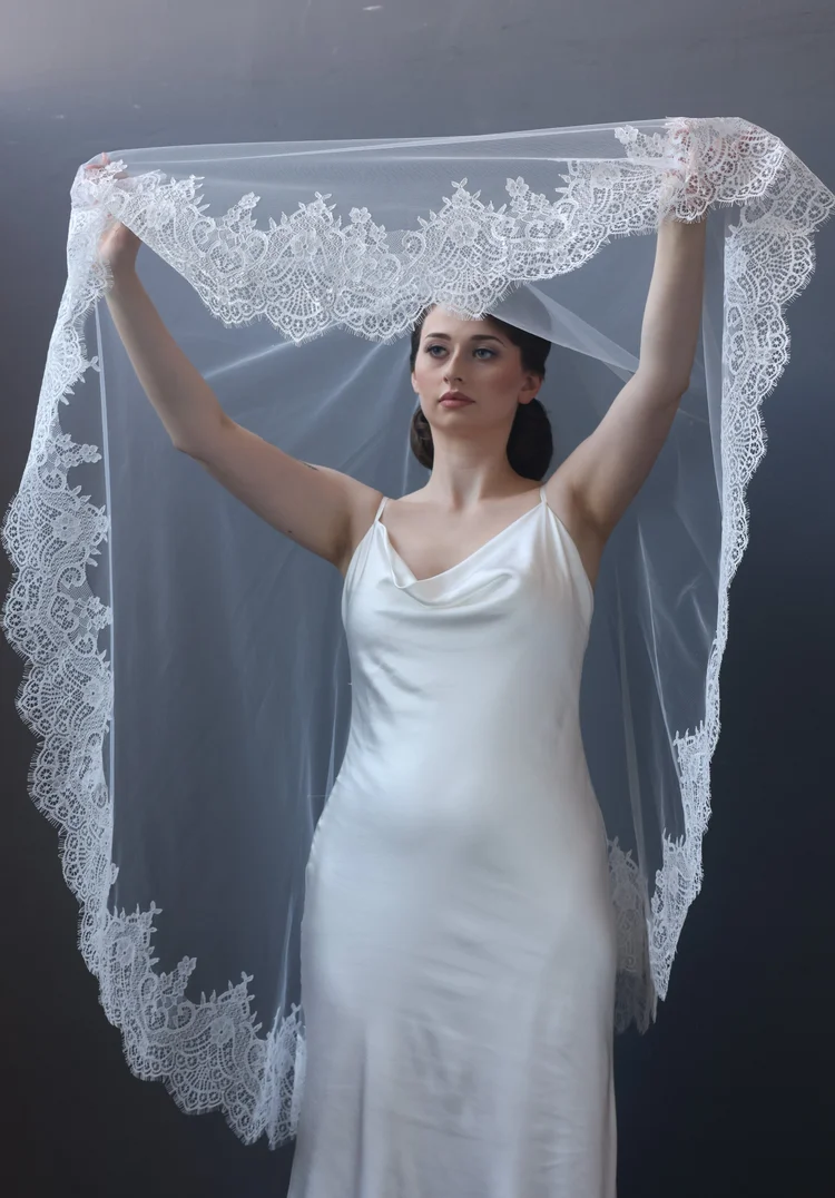 French lace trimmed two tier fold over Whisper bridal veil by